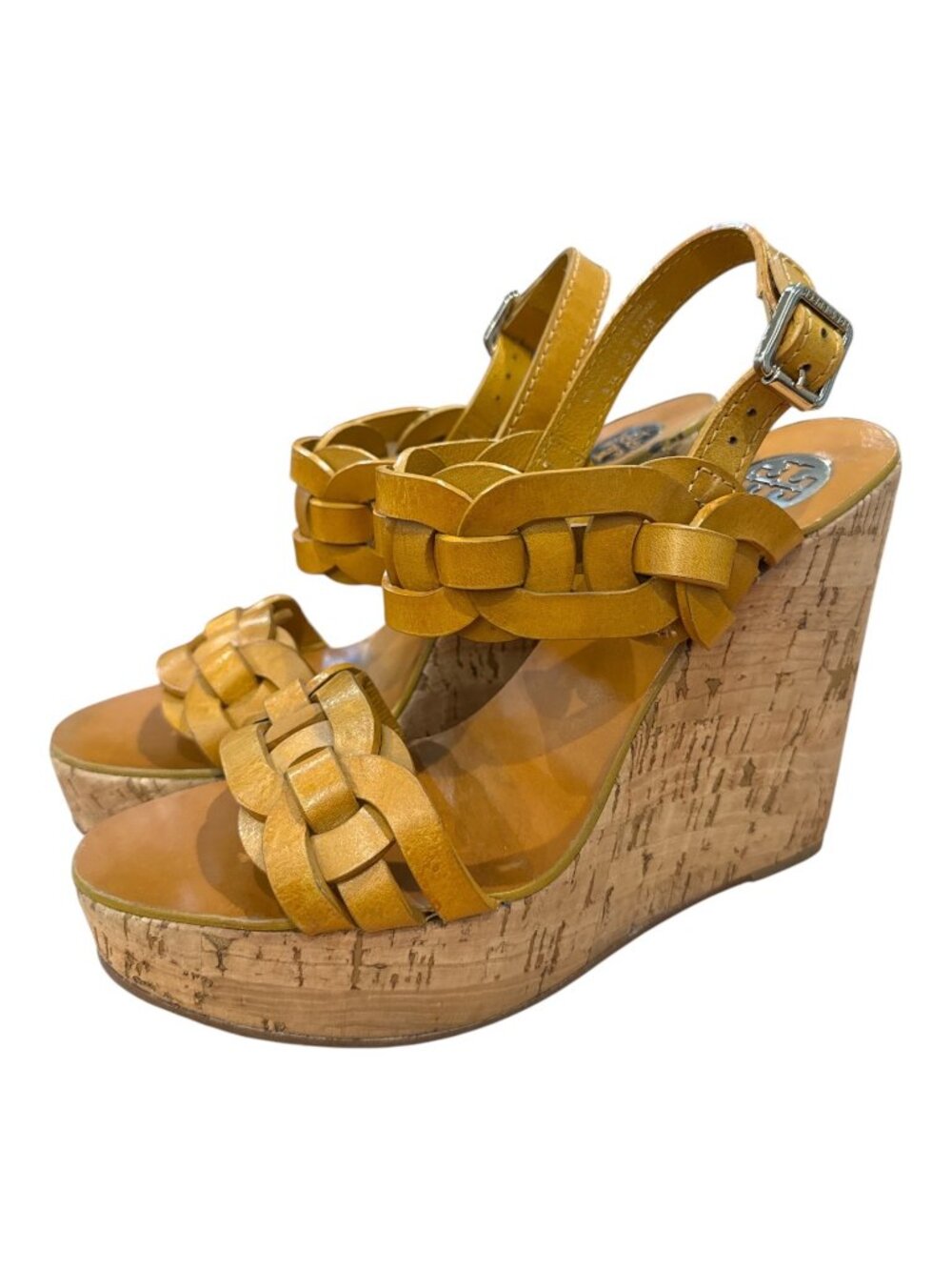 Tory Burch Womens Tan Leather Braided Cork Wedge Sandals Summer Size 8.5M EUC